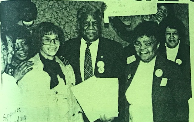 McMaid leader and now president of SEIU Local 880, Irma Sherman (left) and Chicago ACORN leader June Torres (right), present Mayor Washington with endorsement letters and over 5000 new voter registration forms of newly voters registered by SEIU880 and ACORN. Washington supported SEIU880’s fight for recognition and ACORN’s community campaigns when many political leaders would not.